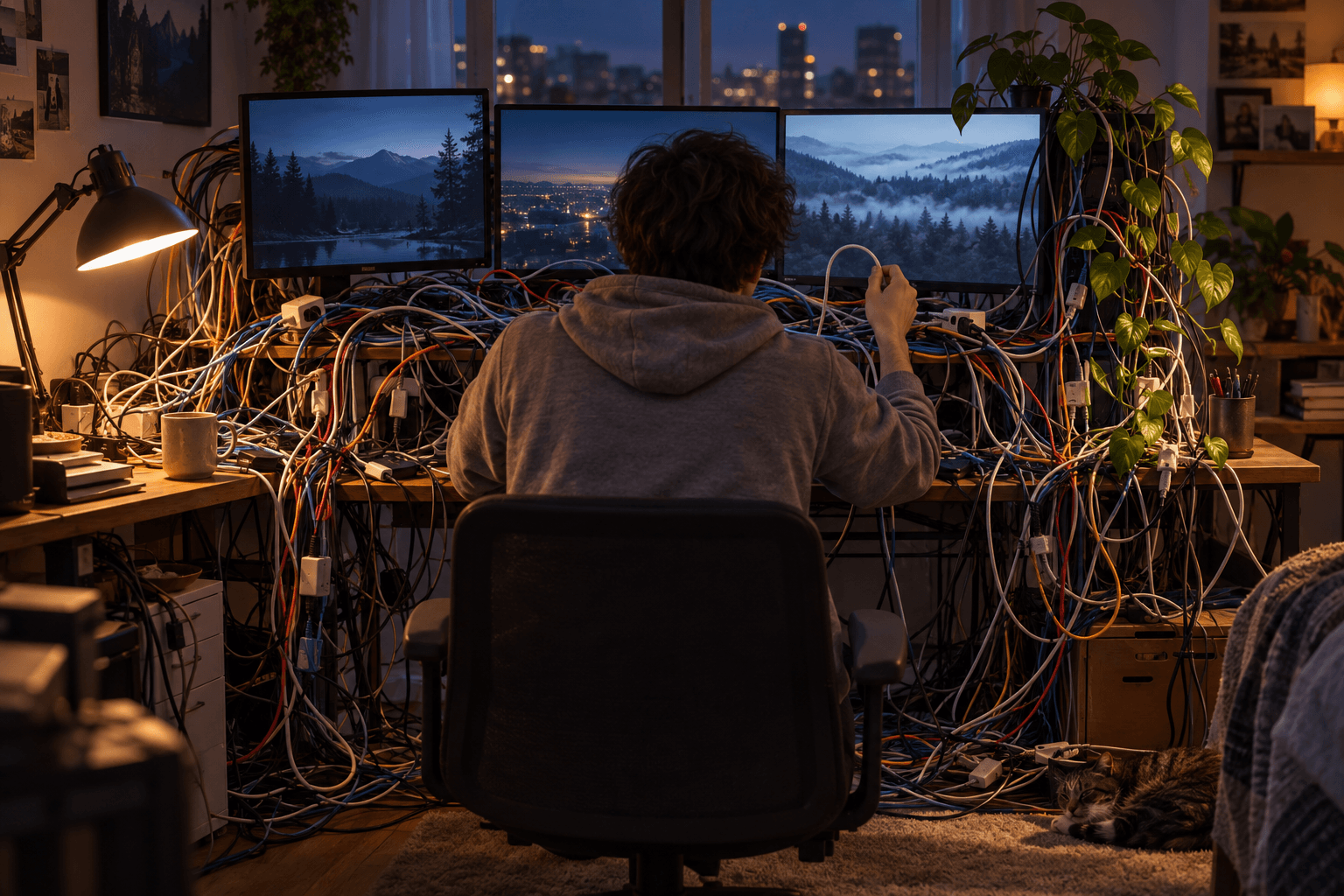 A developer desk buried under a colorful waterfall of cables