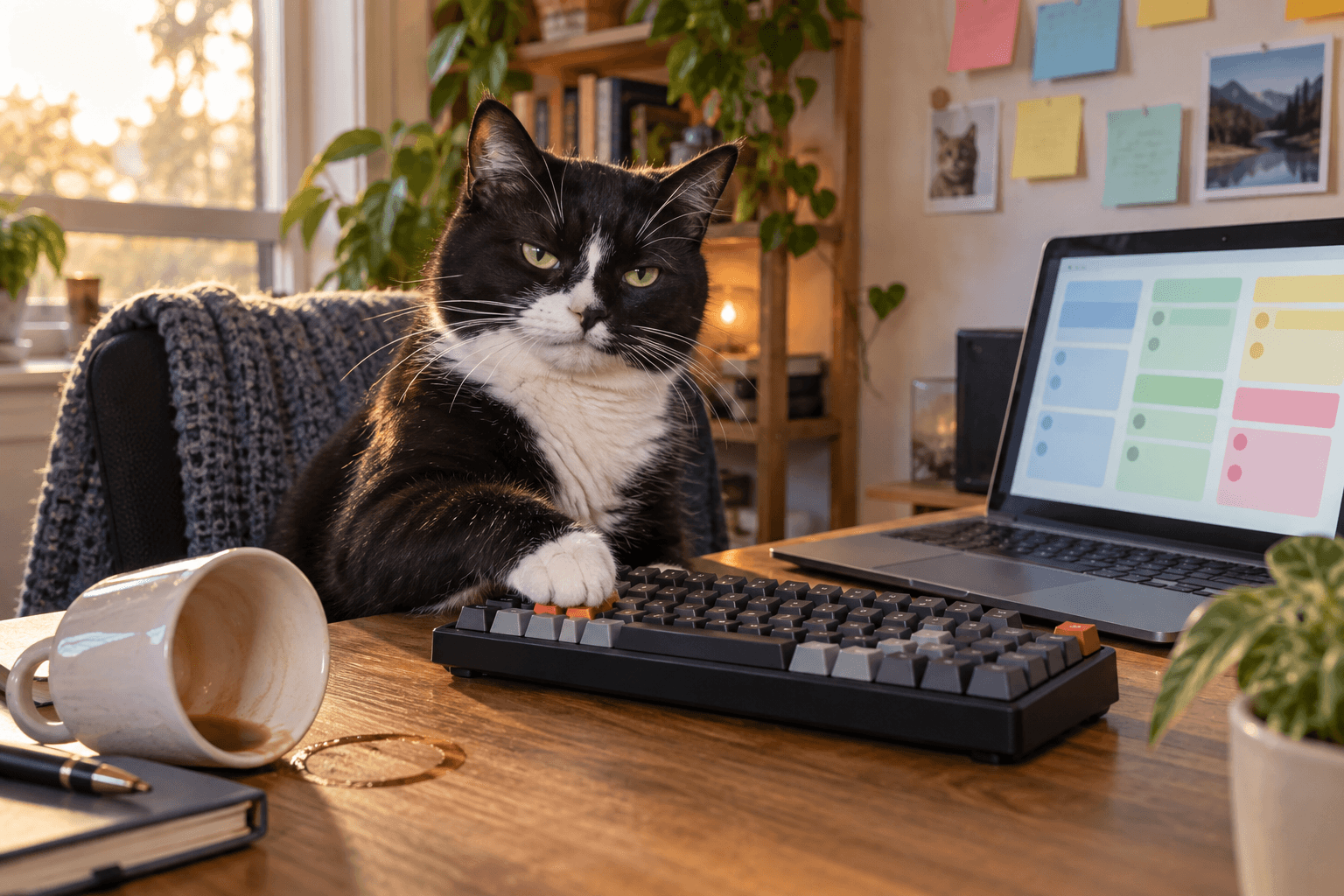 A tuxedo cat pressing Enter on a mechanical keyboard beside a laptop