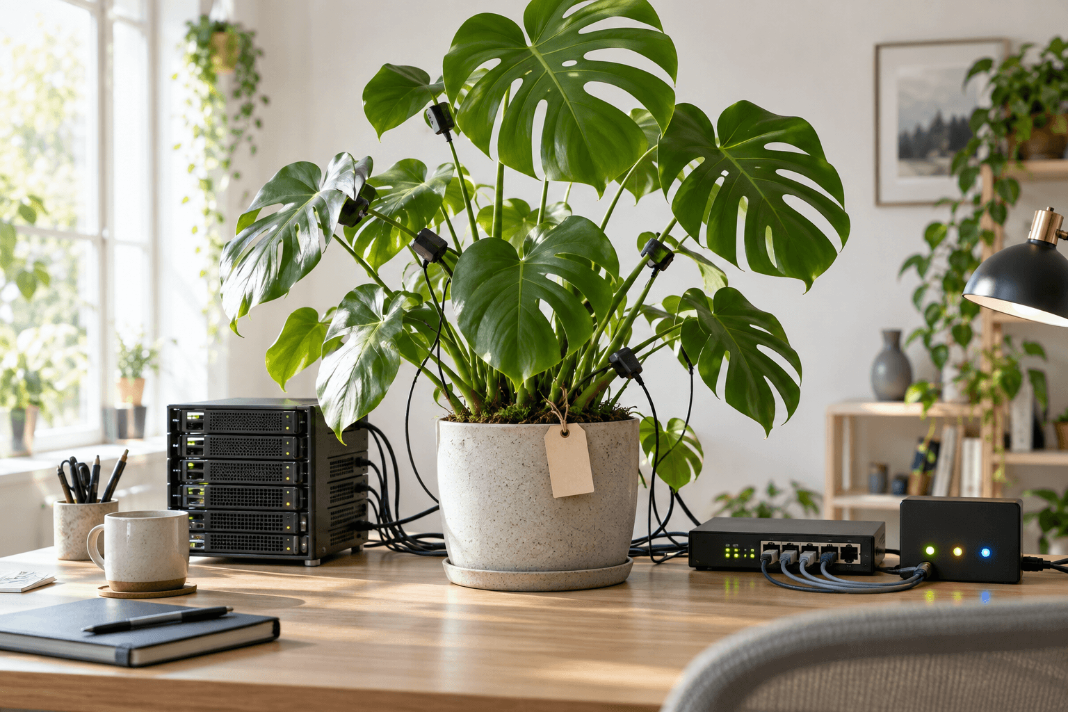 A houseplant connected to an overengineered stack of developer hardware