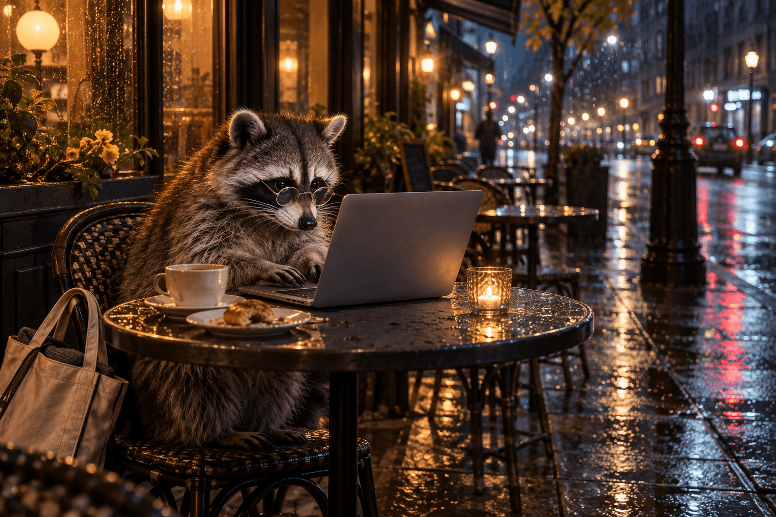 A raccoon using a laptop at a late-night cafe